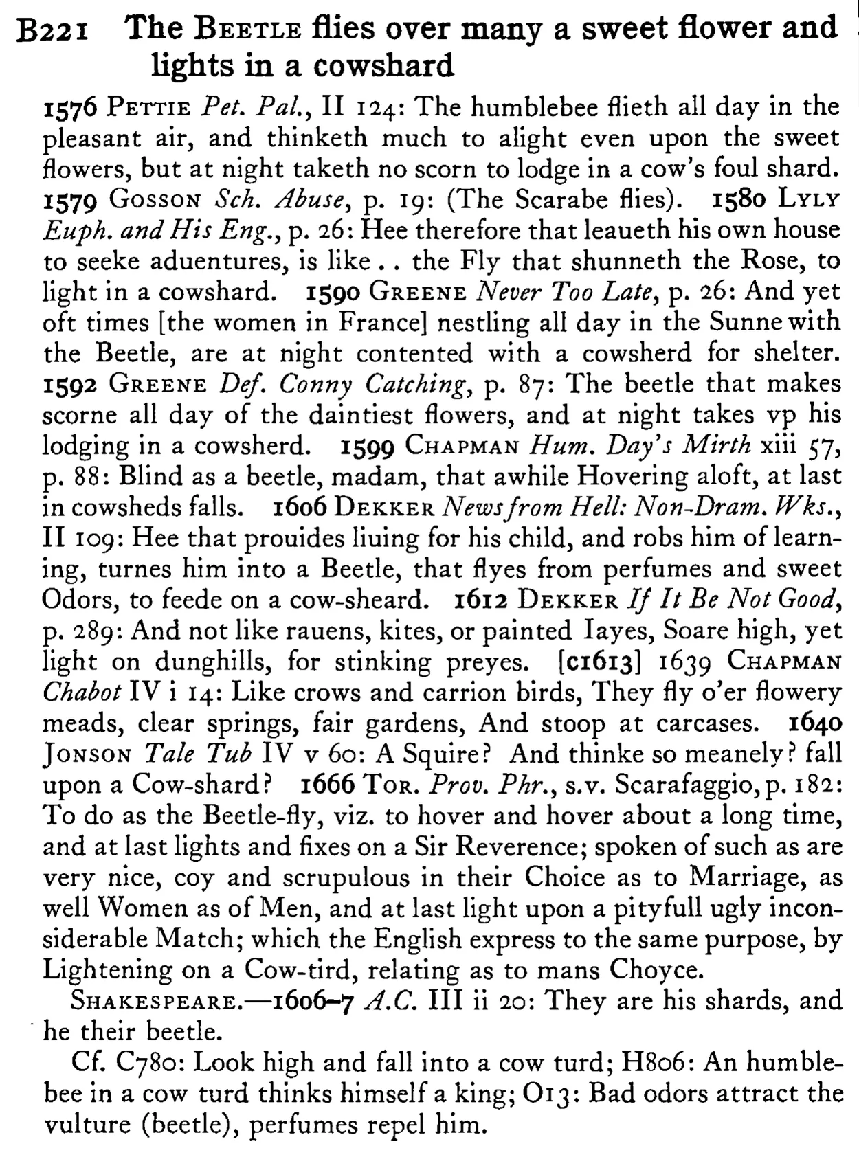 The BEETLE flies over many a sweet flower and lights in a cowshard - a scanned entry from Tilley's 1950 Dictionary of Proverbs.