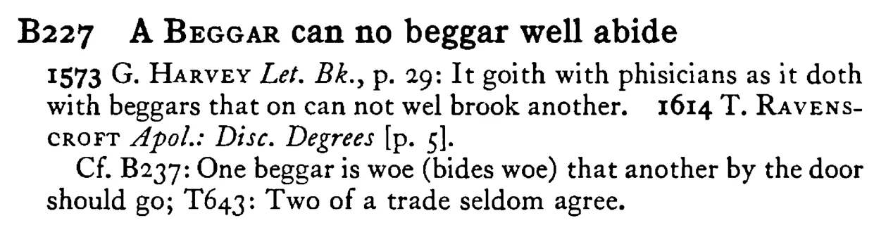 A BEGGAR can no beggar well abide - a scanned entry from Tilley's 1950 Dictionary of Proverbs.