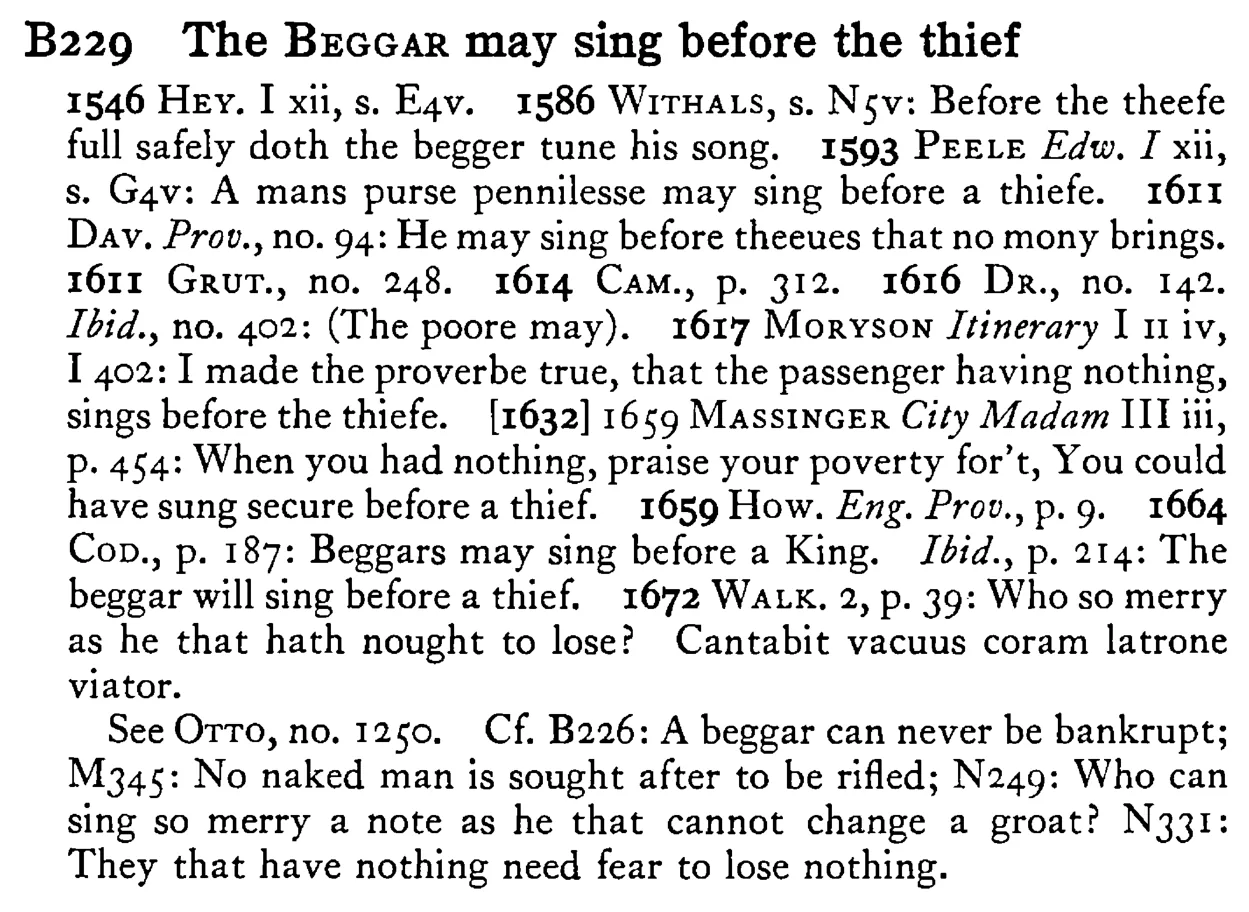 The BEGGAR may sing before the thief - a scanned entry from Tilley's 1950 Dictionary of Proverbs.