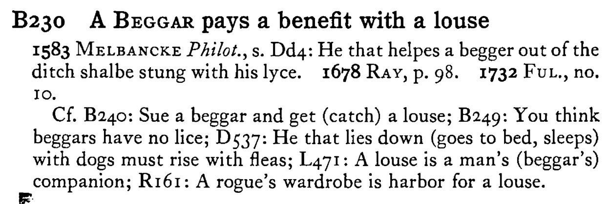 A BEGGAR pays a benefit with a louse - a scanned entry from Tilley's 1950 Dictionary of Proverbs.