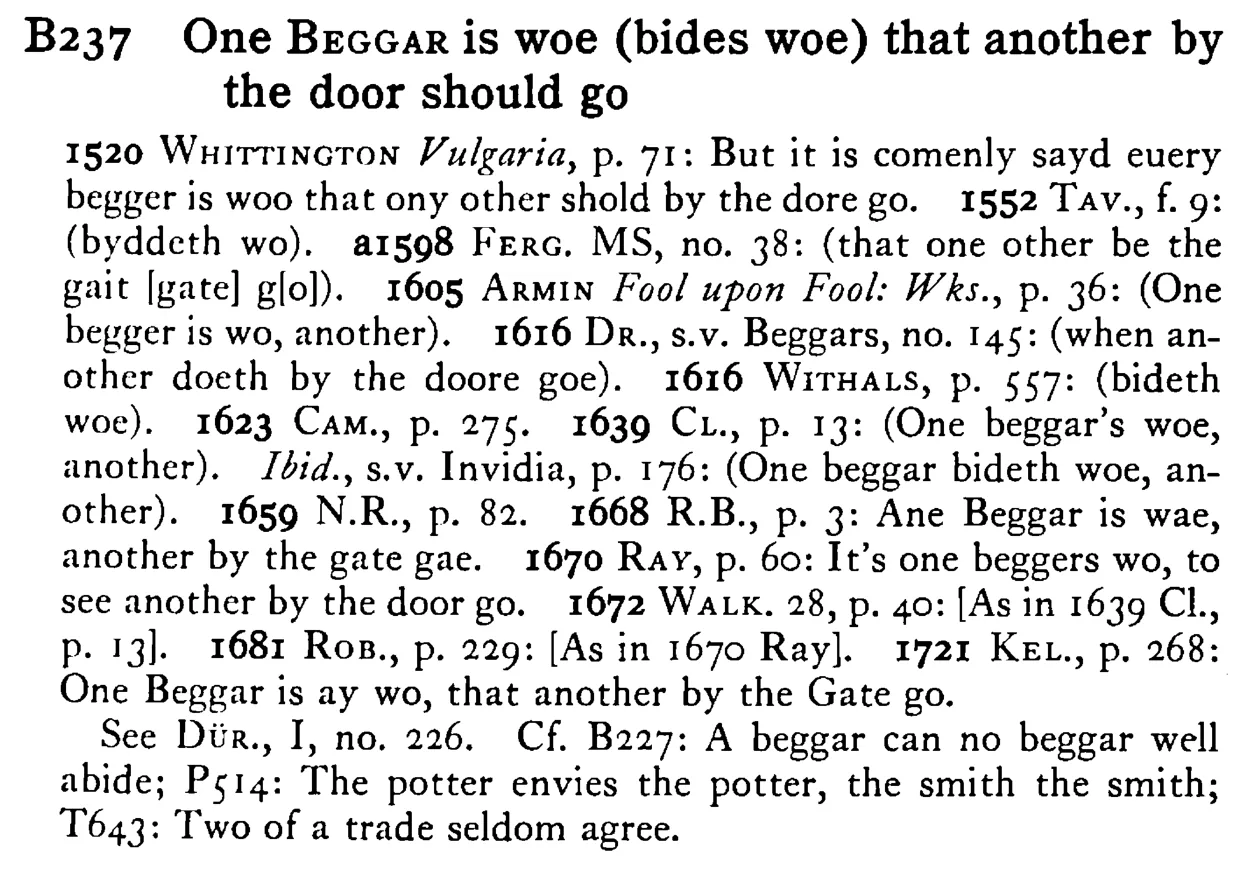 One BEGGAR is woe (bides woe) that another by the door should go - a scanned entry from Tilley's 1950 Dictionary of Proverbs.