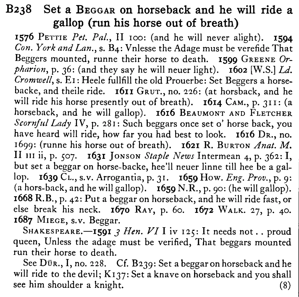 Set a BEGGAR on horseback and he will ride a gallop (run his horse out of breath) - a scanned entry from Tilley's 1950 Dictionary of Proverbs.