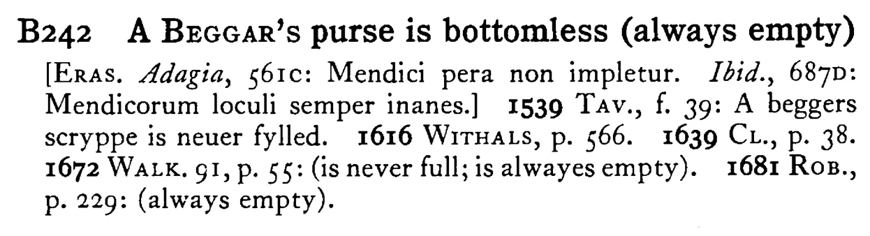 A BEGGAR's purse is bottomless (always empty) - a scanned entry from Tilley's 1950 Dictionary of Proverbs.