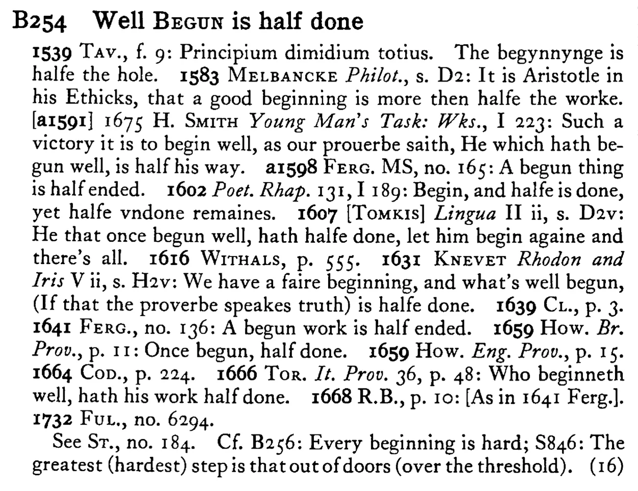 Well BEGUN is half done - a scanned entry from Tilley's 1950 Dictionary of Proverbs.