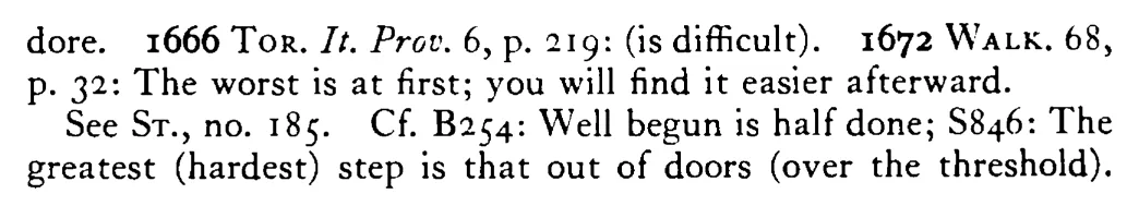 Every BEGINNING is hard - a scanned entry from Tilley's 1950 Dictionary of Proverbs. (continuation)