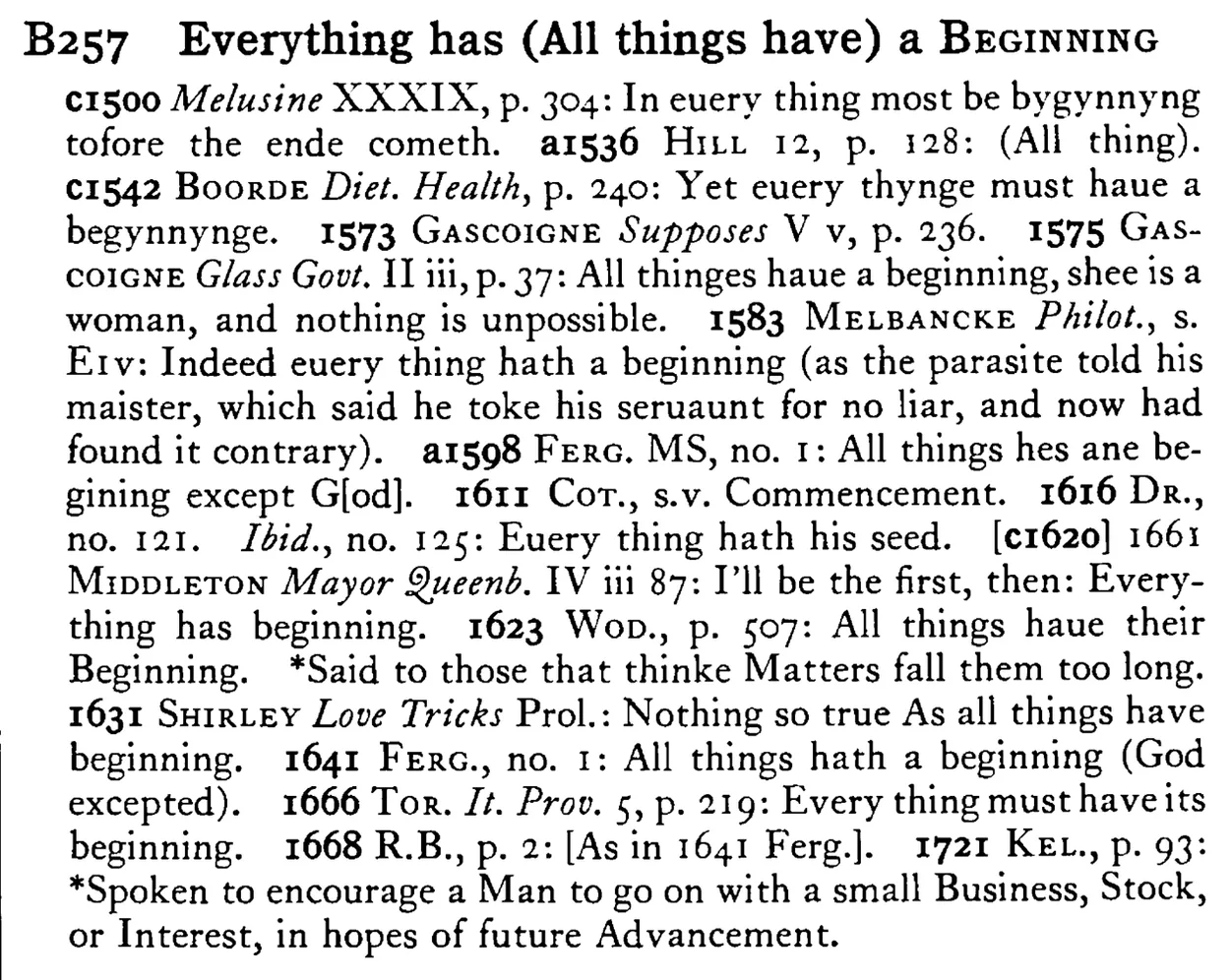 Everything has (All things have) a BEGINNING - a scanned entry from Tilley's 1950 Dictionary of Proverbs.