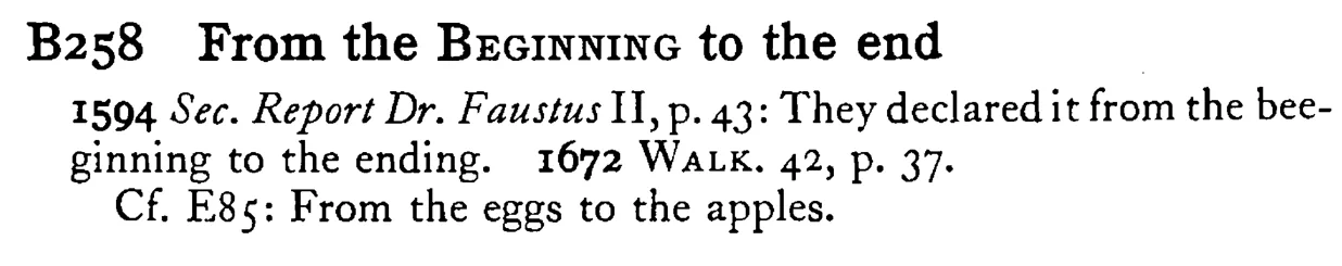 From the BEGINNING to the end - a scanned entry from Tilley's 1950 Dictionary of Proverbs.