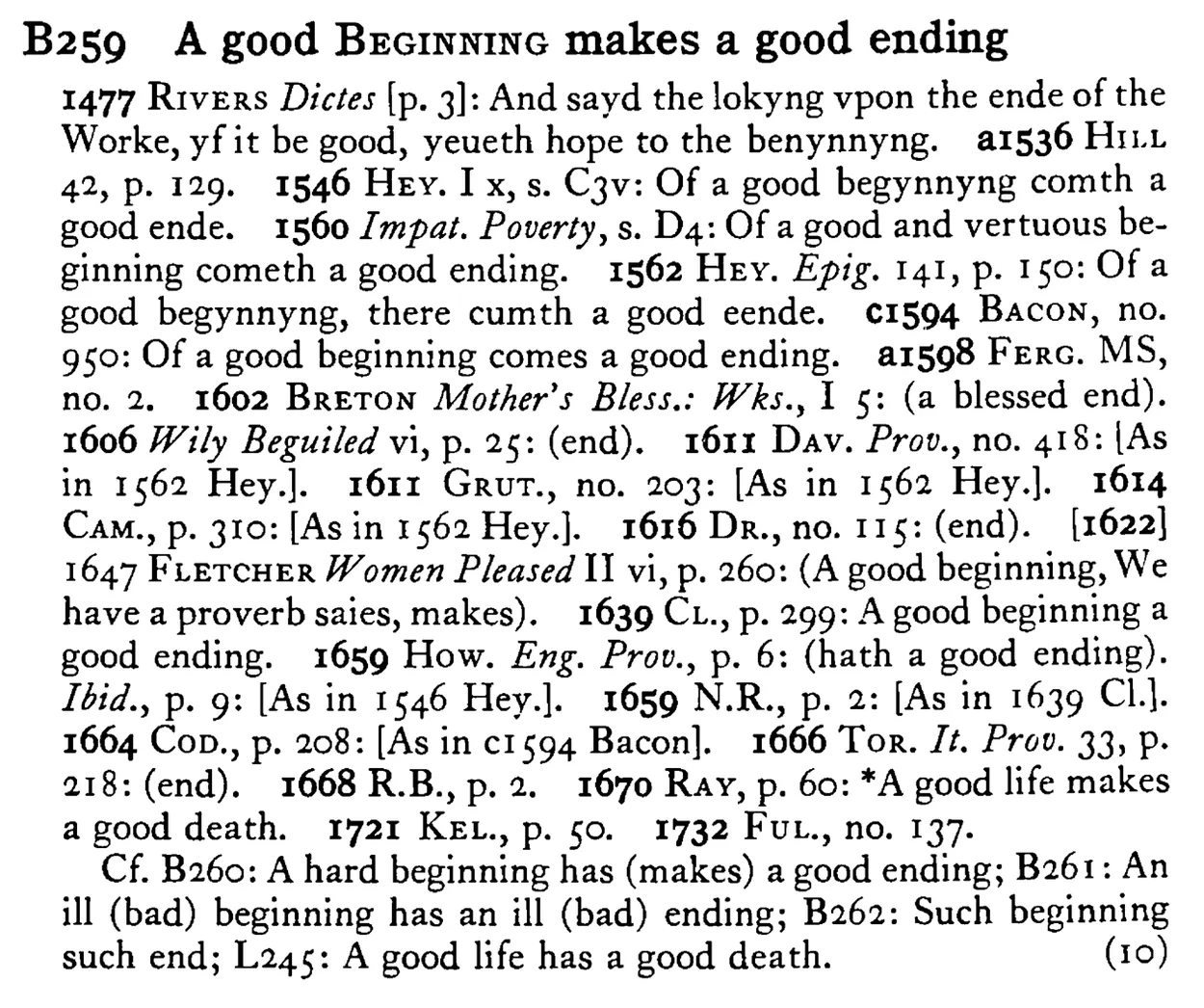 A good BEGINNING makes a good ending - a scanned entry from Tilley's 1950 Dictionary of Proverbs.