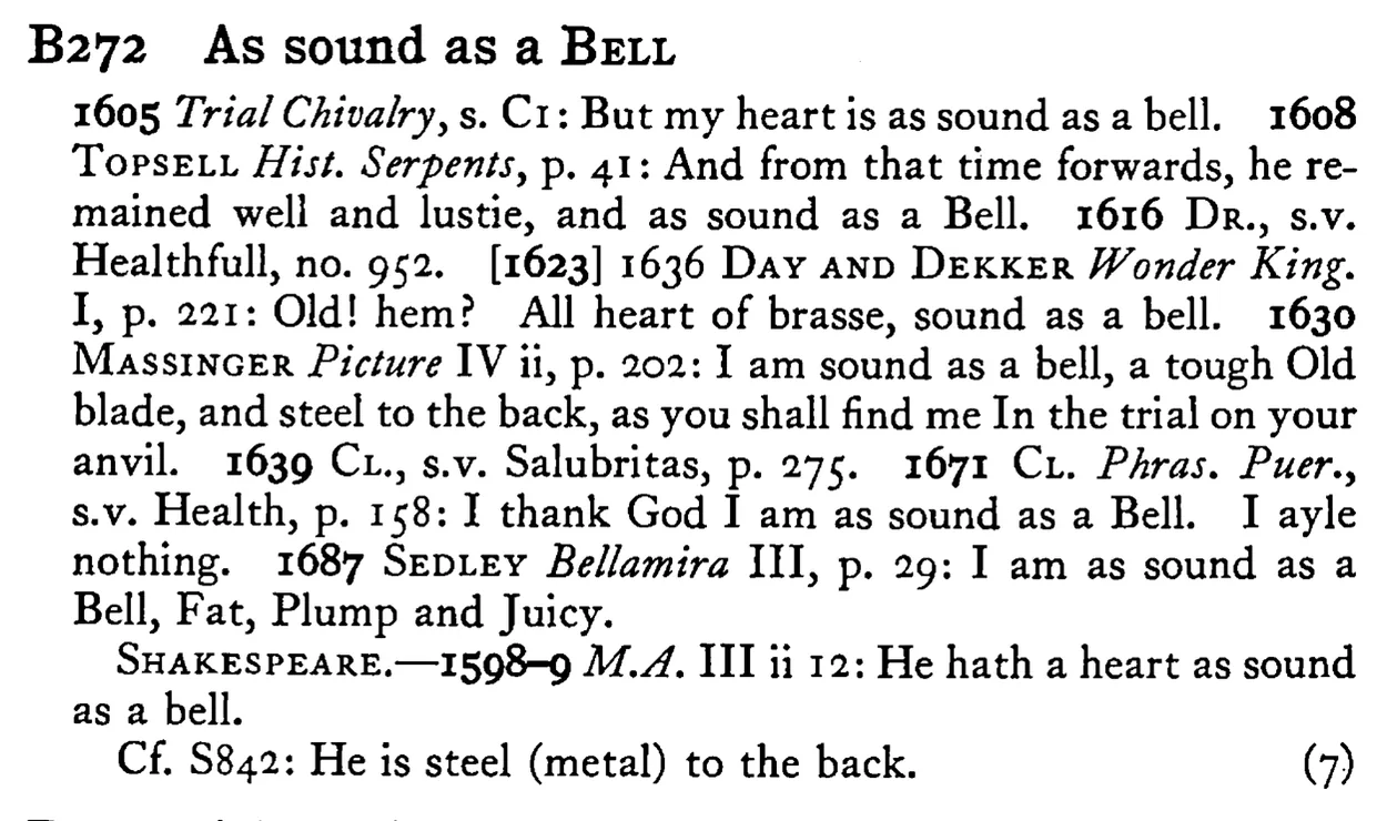 As sound as a BELL - a scanned entry from Tilley's 1950 Dictionary of Proverbs.