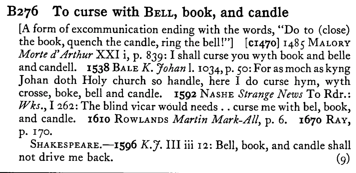 To curse with BELL, book, and candle - a scanned entry from Tilley's 1950 Dictionary of Proverbs.
