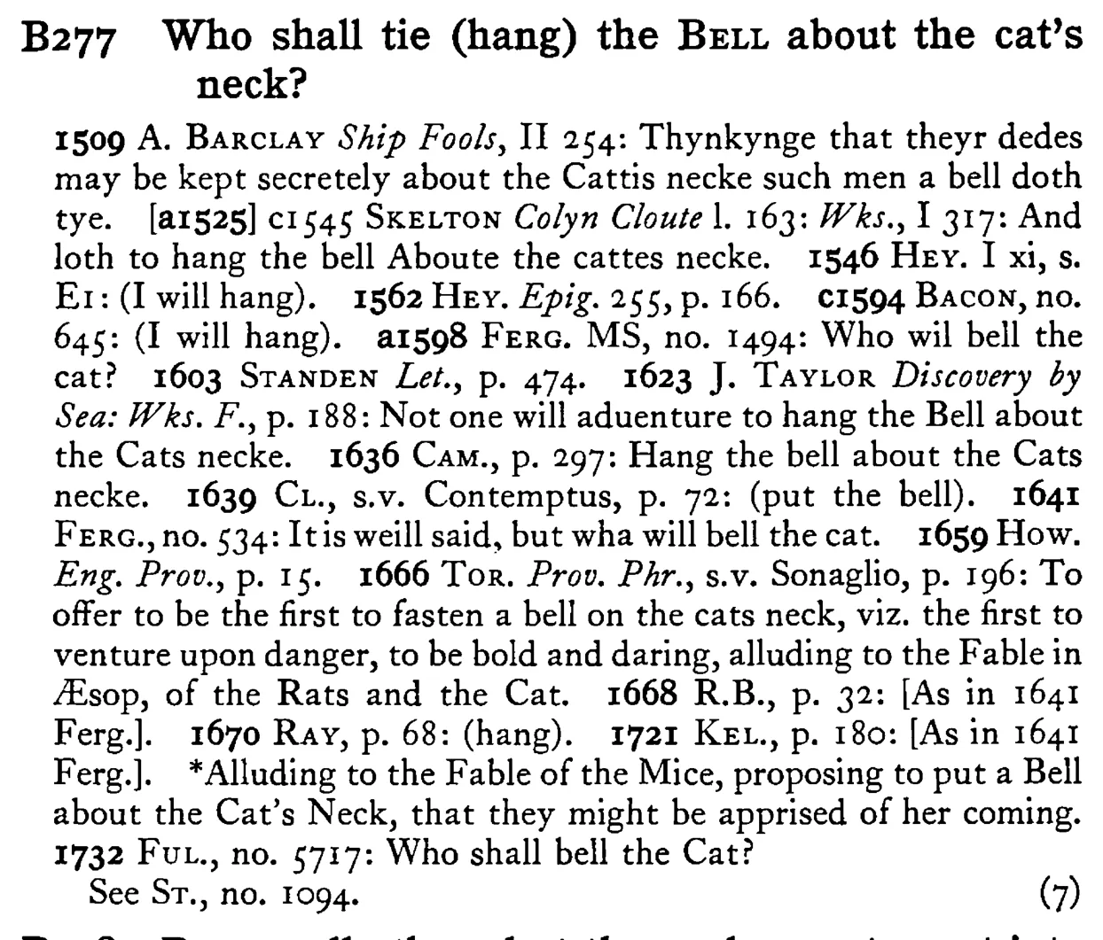Who shall tie (hang) the BELL about the cat's neck? - a scanned entry from Tilley's 1950 Dictionary of Proverbs.