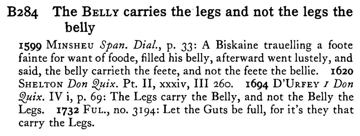 The BELLY carries the legs and not the legs the belly - a scanned entry from Tilley's 1950 Dictionary of Proverbs.