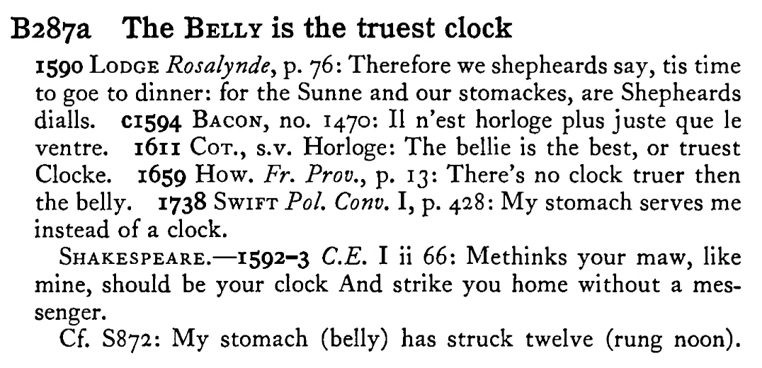 The BELLY is the truest clock - a scanned entry from Tilley's 1950 Dictionary of Proverbs.