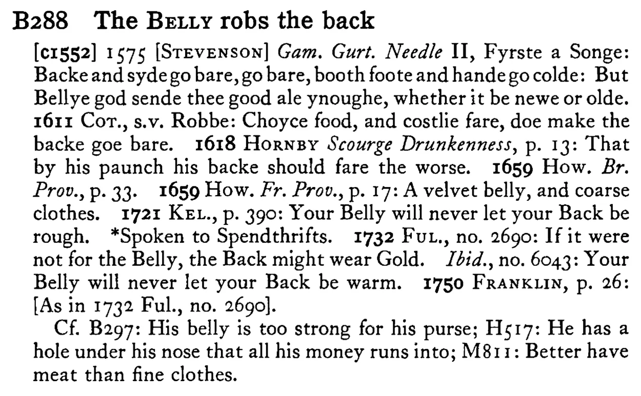 The BELLY robs the back - a scanned entry from Tilley's 1950 Dictionary of Proverbs.