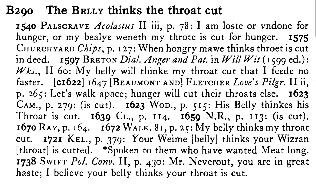 The BELLY thinks the throat cut - a scanned entry from Tilley's 1950 Dictionary of Proverbs.