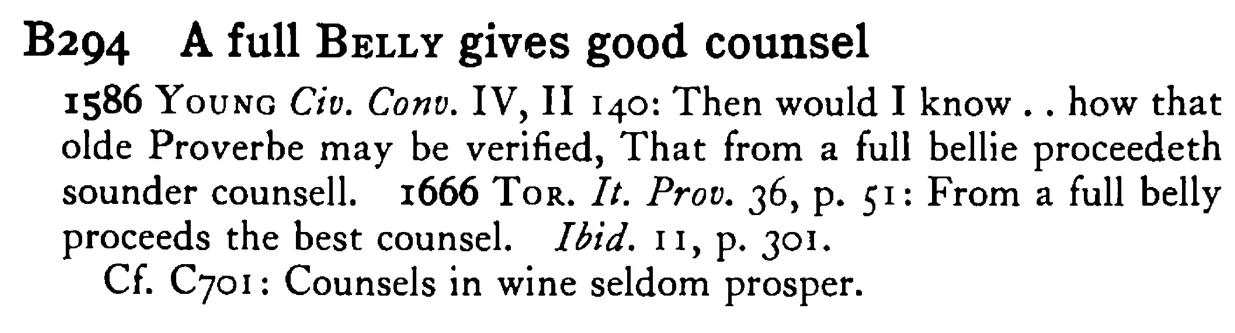 A full BELLY gives good counsel - a scanned entry from Tilley's 1950 Dictionary of Proverbs.
