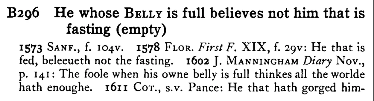 He whose BELLY is full believes not him that is fasting (empty) - a scanned entry from Tilley's 1950 Dictionary of Proverbs.