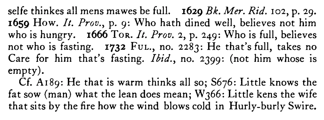 He whose BELLY is full believes not him that is fasting (empty) - a scanned entry from Tilley's 1950 Dictionary of Proverbs. (continuation)