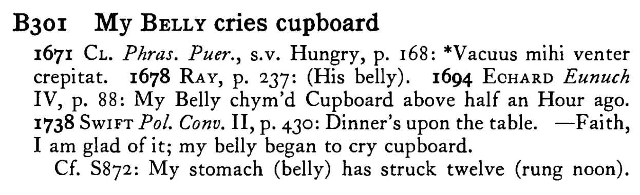 My BELLY cries cupboard - a scanned entry from Tilley's 1950 Dictionary of Proverbs.