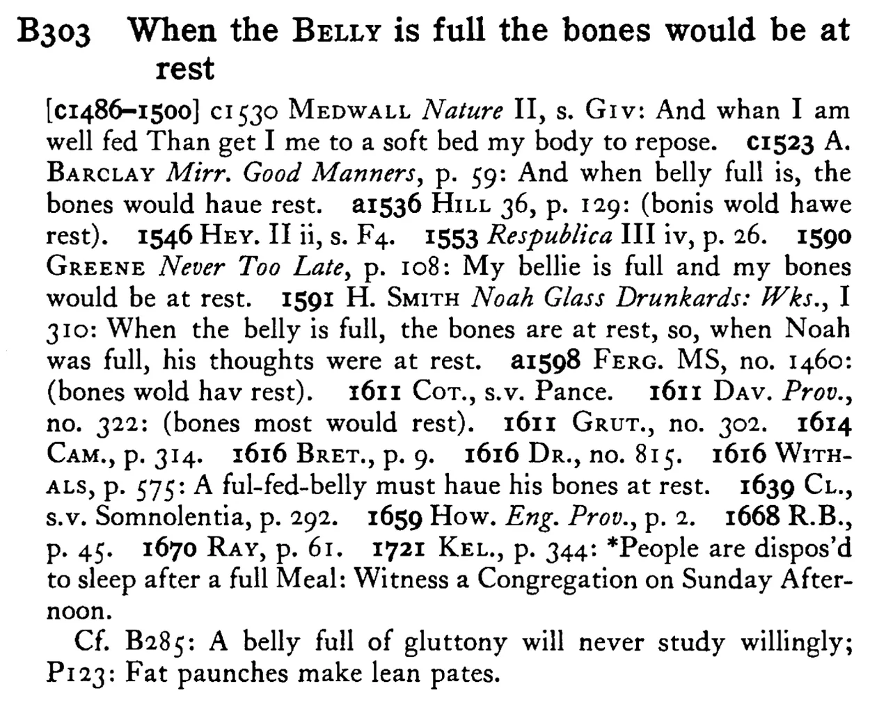 When the BELLY is full the bones would be at rest - a scanned entry from Tilley's 1950 Dictionary of Proverbs.