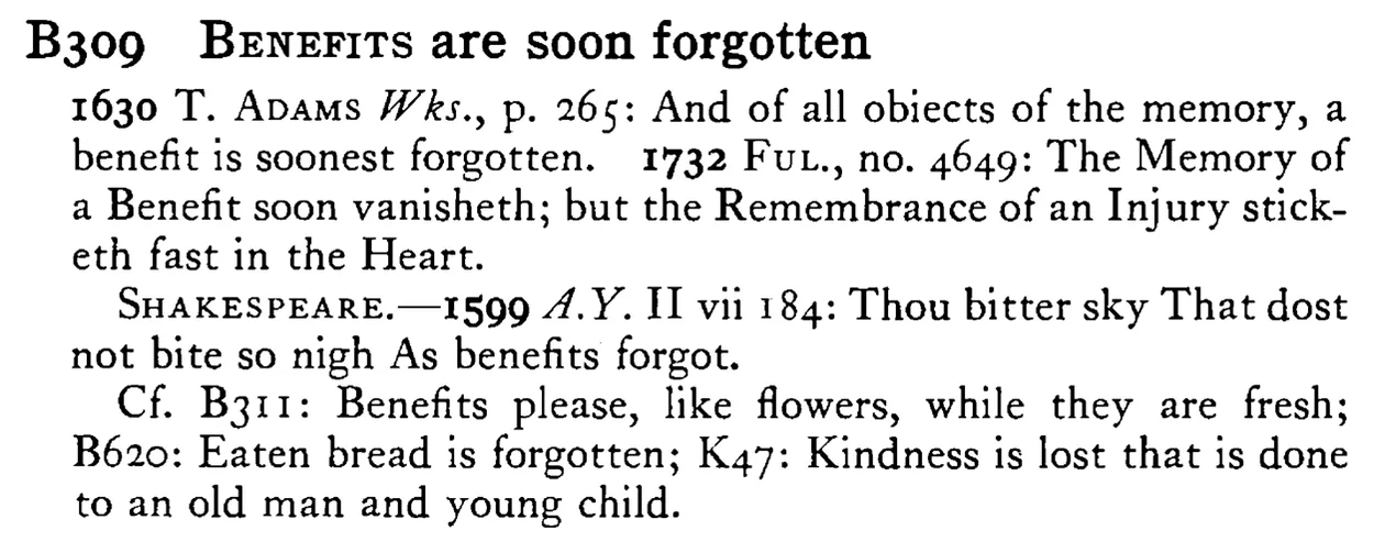 BENEFITS are soon forgotten - a scanned entry from Tilley's 1950 Dictionary of Proverbs.