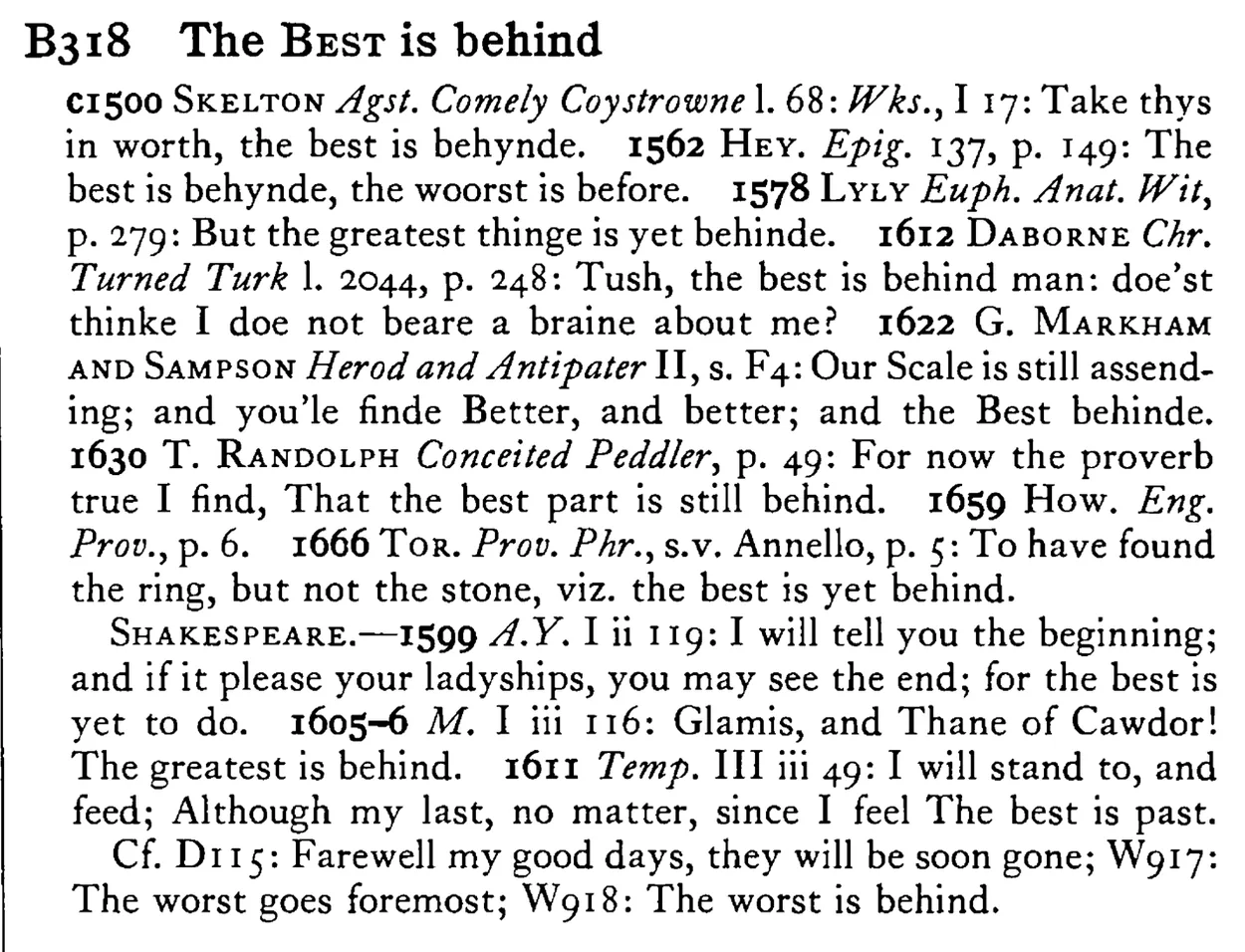 The BEST is behind - a scanned entry from Tilley's 1950 Dictionary of Proverbs.