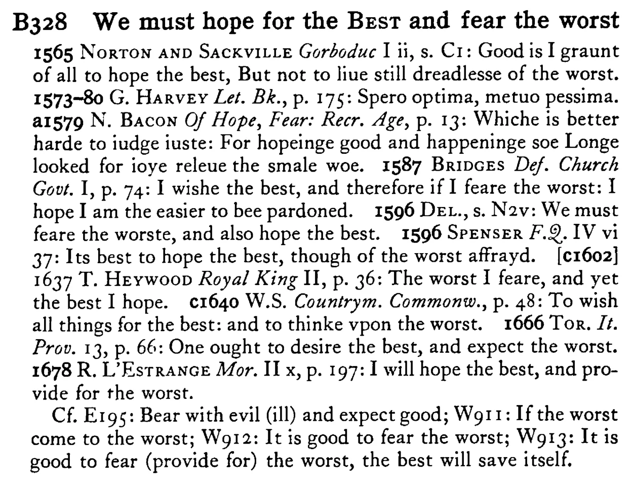 We must hope for the BEST and fear the worst - a scanned entry from Tilley's 1950 Dictionary of Proverbs.