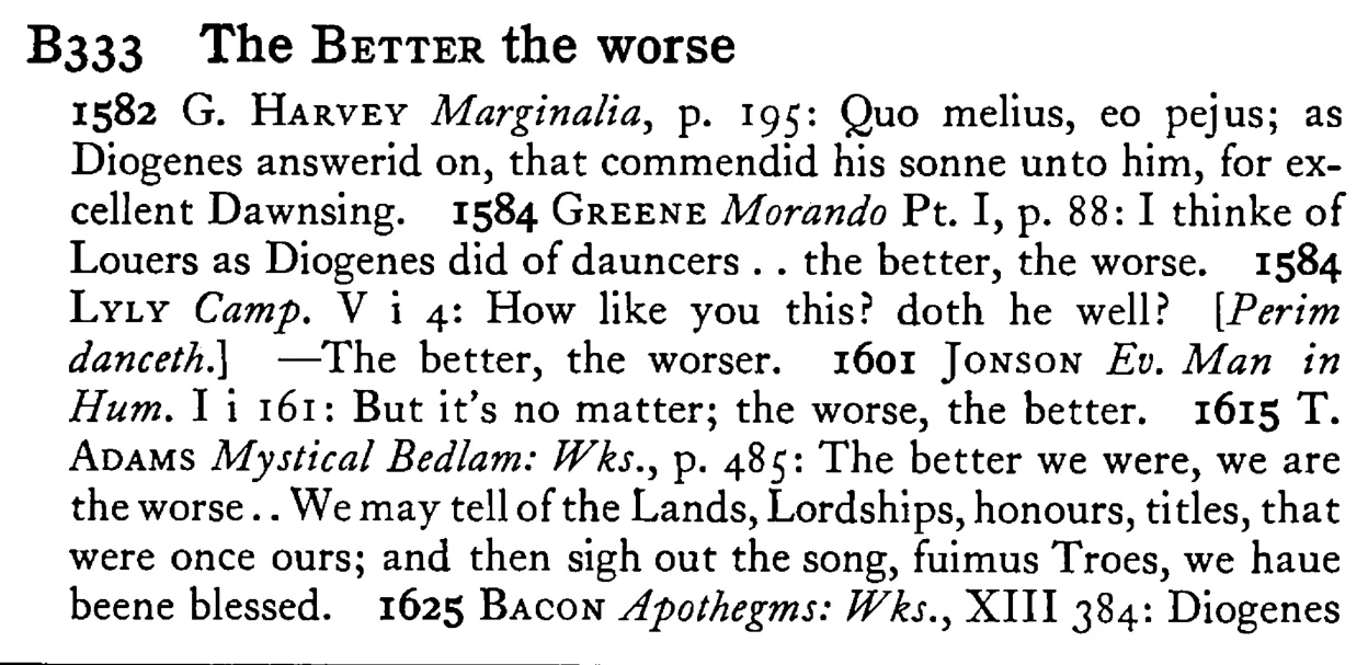 The BETTER the worse - a scanned entry from Tilley's 1950 Dictionary of Proverbs.