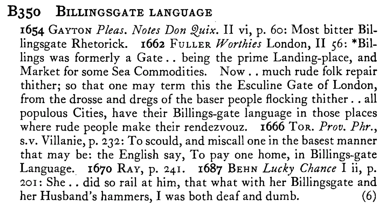 BILLINGSGATE LANGUAGE - a scanned entry from Tilley's 1950 Dictionary of Proverbs.