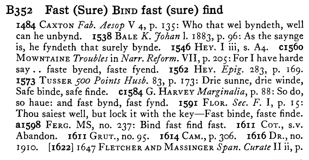 Fast (Sure) BIND fast (sure) find - a scanned entry from Tilley's 1950 Dictionary of Proverbs.