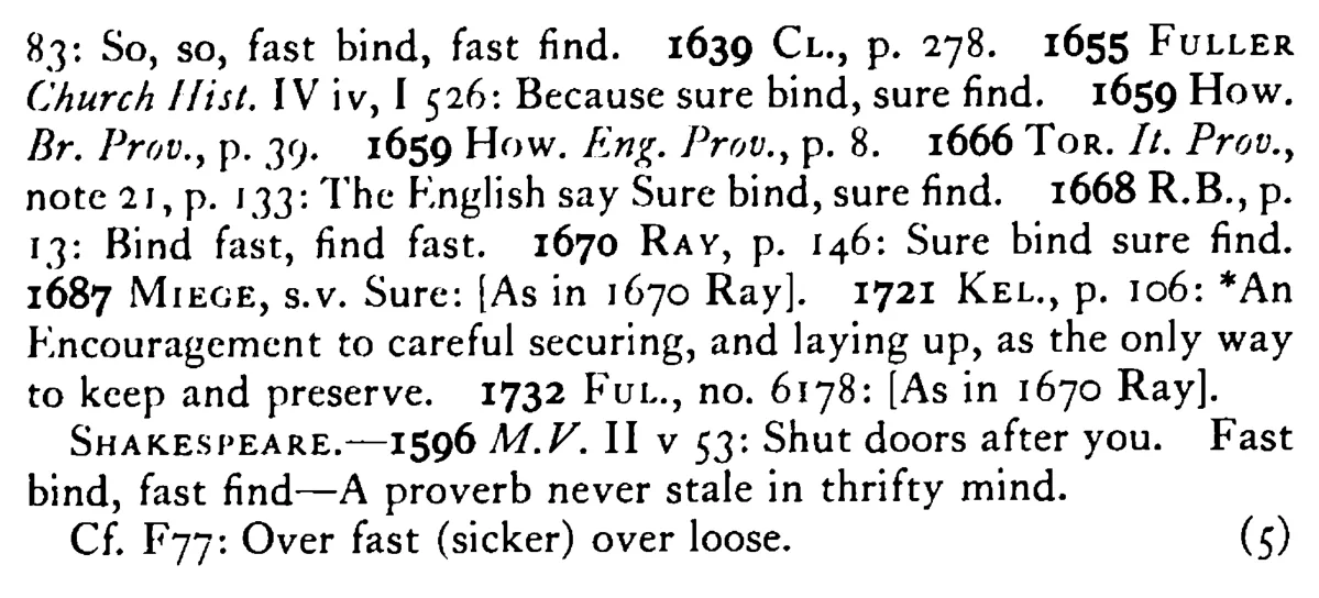 Fast (Sure) BIND fast (sure) find - a scanned entry from Tilley's 1950 Dictionary of Proverbs. (continuation)