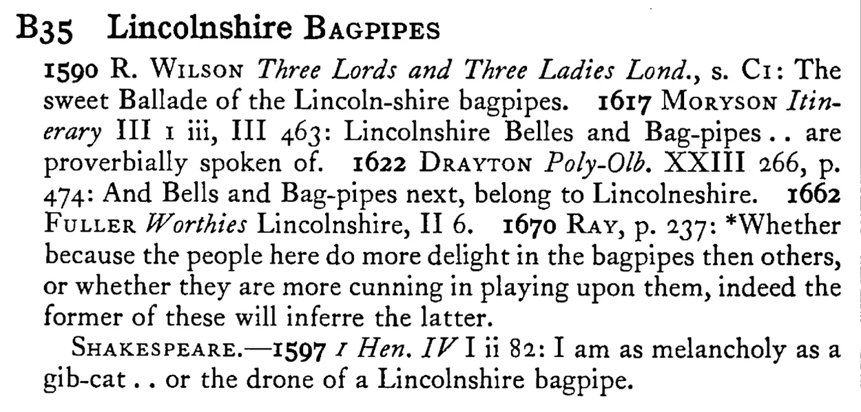 Lincolnshire BAGPIPES - a scanned entry from Tilley's 1950 Dictionary of Proverbs.