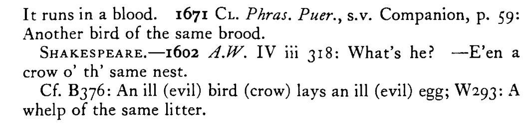 A BIRD (egg) of the same nest - a scanned entry from Tilley's 1950 Dictionary of Proverbs. (continuation)