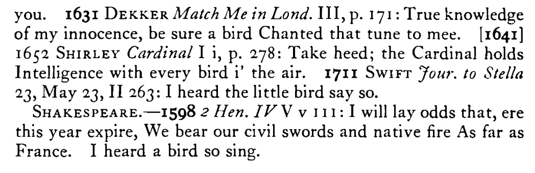 I heard a BIRD sing (A little bird said so) - a scanned entry from Tilley's 1950 Dictionary of Proverbs. (continuation)