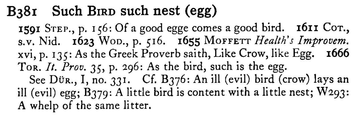 Such BIRD such nest (egg) - a scanned entry from Tilley's 1950 Dictionary of Proverbs.