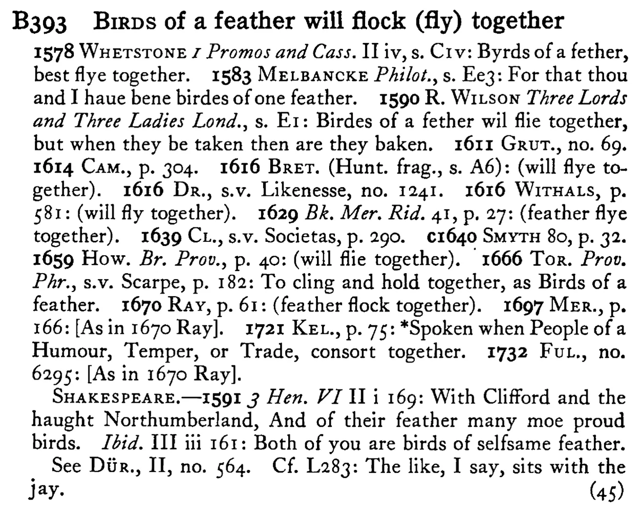 BIRDS of a feather will flock (fly) together - a scanned entry from Tilley's 1950 Dictionary of Proverbs.