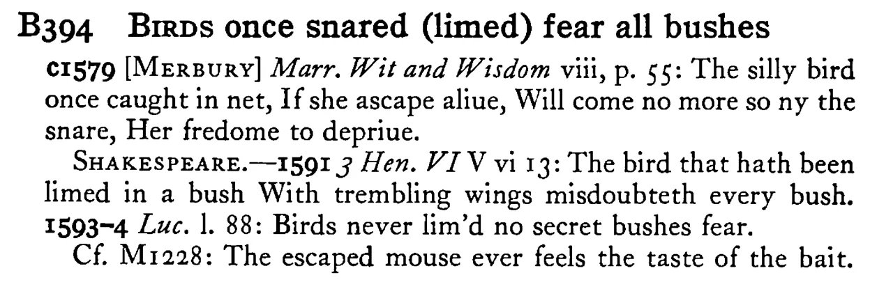 BIRDS once snared (limed) fear all bushes - a scanned entry from Tilley's 1950 Dictionary of Proverbs.