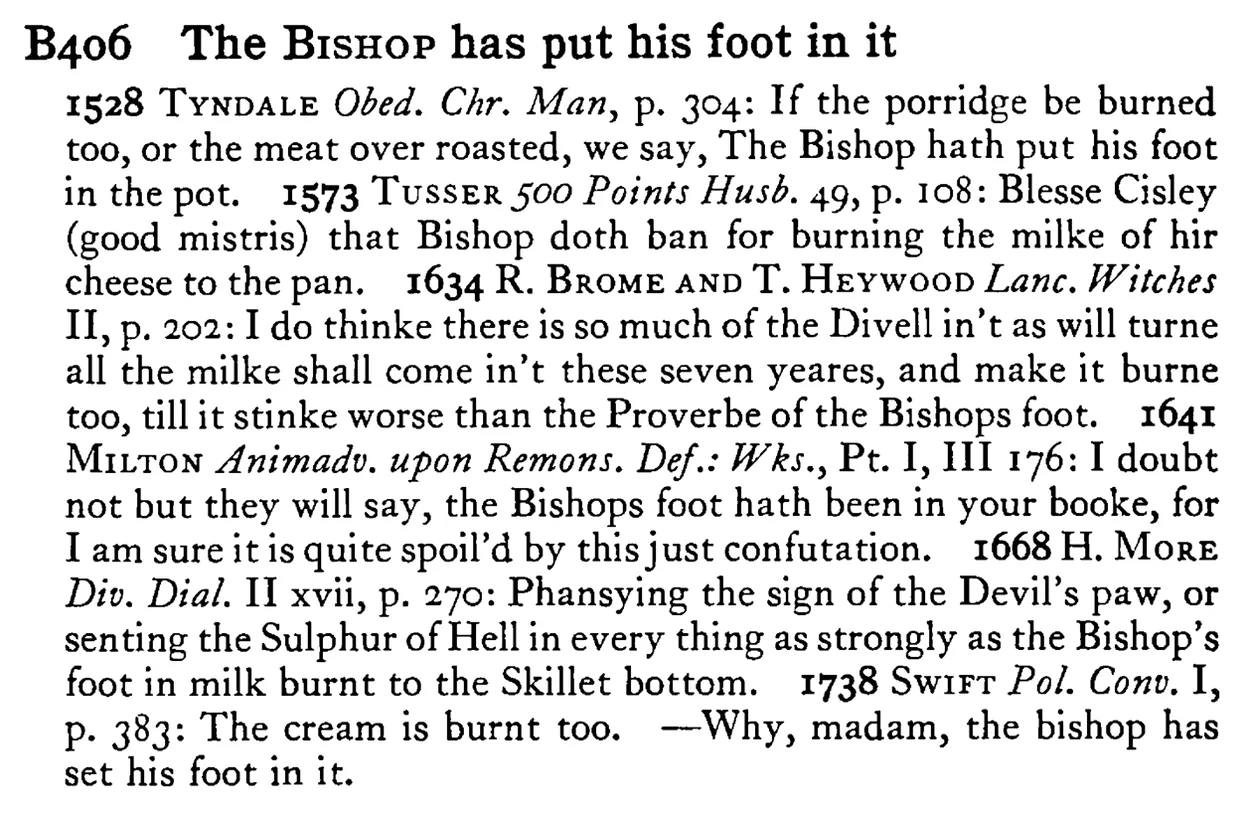The BISHOP has put his foot in it - a scanned entry from Tilley's 1950 Dictionary of Proverbs.