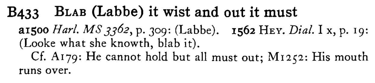 BLAB (Labbe) it wist and out it must - a scanned entry from Tilley's 1950 Dictionary of Proverbs.