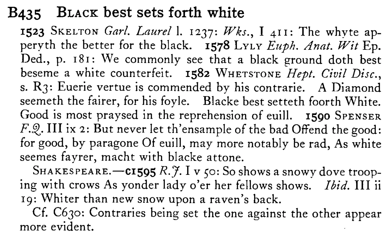 BLACK best sets forth white - a scanned entry from Tilley's 1950 Dictionary of Proverbs.