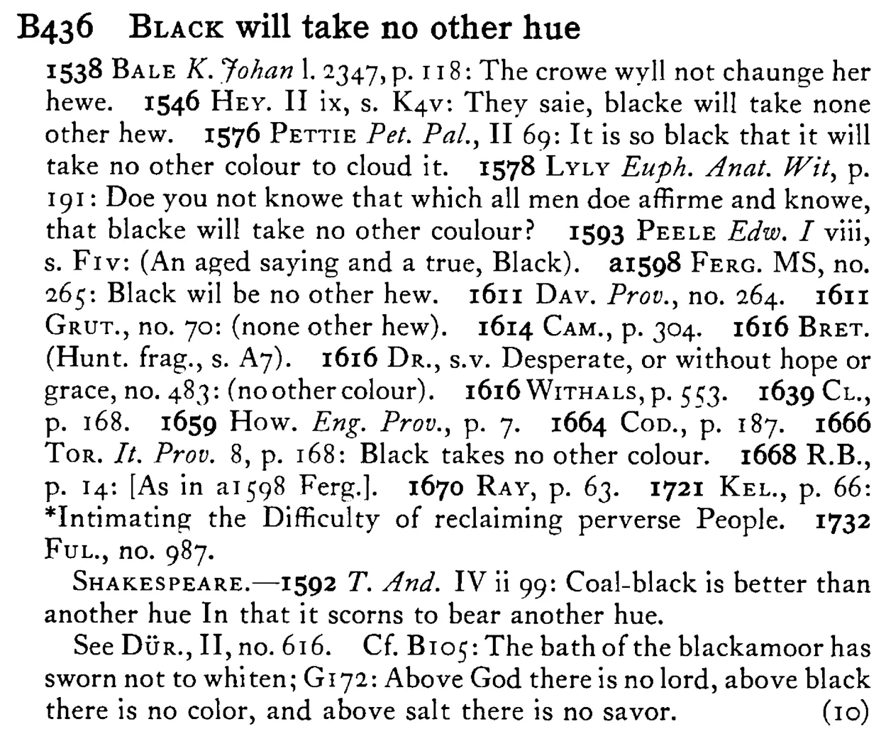BLACK will take no other hue - a scanned entry from Tilley's 1950 Dictionary of Proverbs.