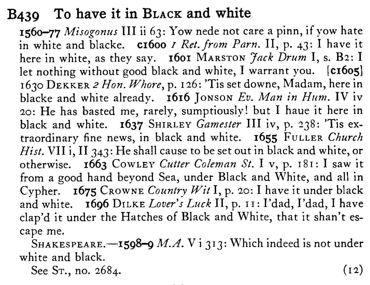 To have it in BLACK and white - a scanned entry from Tilley's 1950 Dictionary of Proverbs.