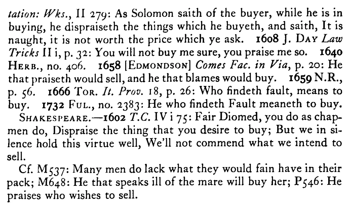 He that BLAMES would buy - a scanned entry from Tilley's 1950 Dictionary of Proverbs. (continuation)