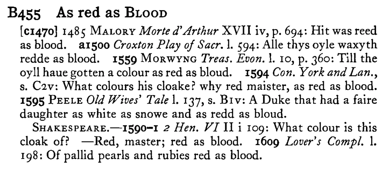 As red as BLOOD - a scanned entry from Tilley's 1950 Dictionary of Proverbs.