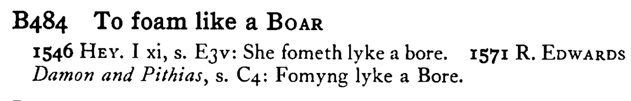 To foam like a BOAR - a scanned entry from Tilley's 1950 Dictionary of Proverbs.