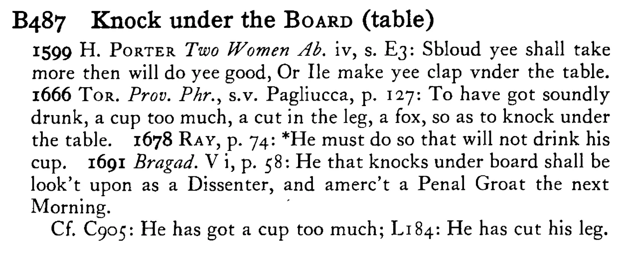 Knock under the BOARD (table) - a scanned entry from Tilley's 1950 Dictionary of Proverbs.