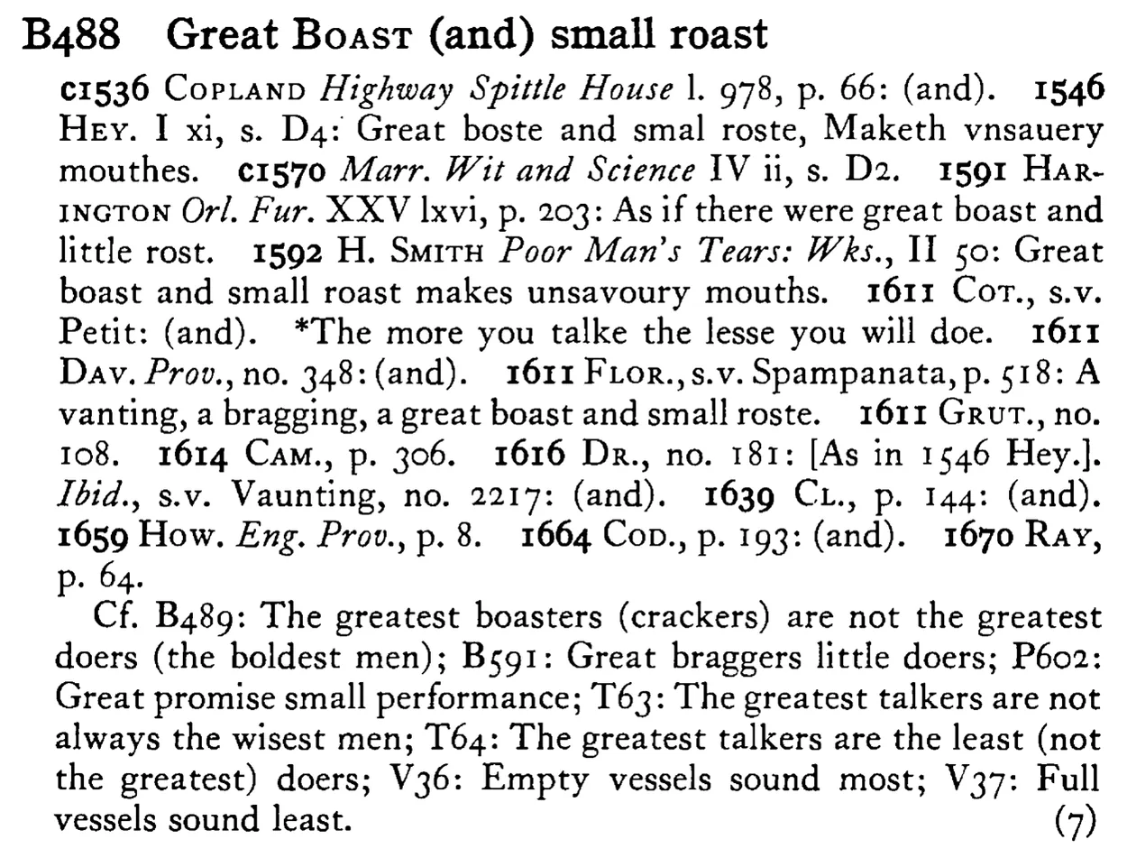 Great BOAST (and) small roast - a scanned entry from Tilley's 1950 Dictionary of Proverbs.