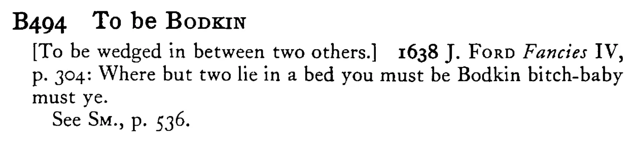 To be BODKIN - a scanned entry from Tilley's 1950 Dictionary of Proverbs.