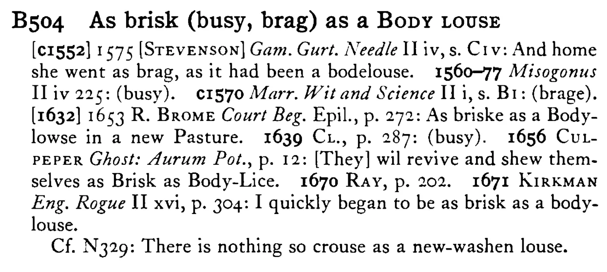 As brisk (busy, brag) as a BODY LOUSE - a scanned entry from Tilley's 1950 Dictionary of Proverbs.