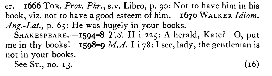 To be in (out of) one's BOOKS - a scanned entry from Tilley's 1950 Dictionary of Proverbs. (continuation)